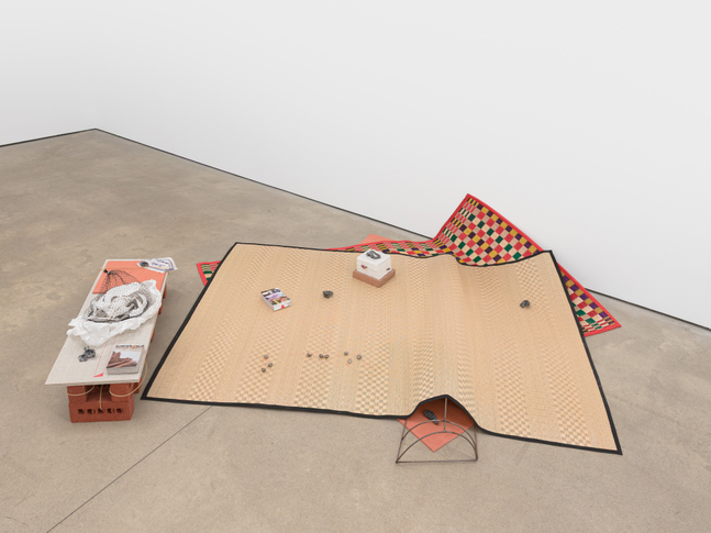 Yu Ji
PKA- Is this not a meeting, 2026
ceramic tile, brick, lead, snail shells, plaster, netting, paper, iron, artist&amp;#39;s books, silkscreen on fabric, concrete board, reed mats; video monitor
dimensions variable