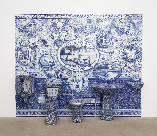 Ann Agee
Lake Michigan Bathroom, 1992
porcelain and stoneware
98 3/4 x 121 1/2 x 22 ins.
250.8 x 308.6 x 55.9 cm