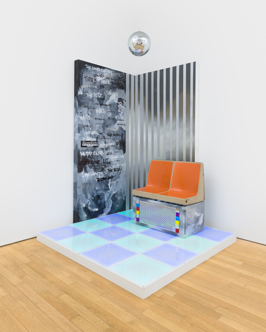 Chris &amp;quot;Daze&amp;quot; Ellis
Soundtrack to the City, 2026
acrylic, spray paint, and KRINK paint markers on wood, plexiglass, LED lights, disco ball, and subway car seats
overall: 96 x 72 x 72 in (243.8 x 182.9 x 182.9 cm)
2 wall panels: each 96 x 72 ins. (243.8 x 182.9 cm)
floor: 72 x 72 ins. (182.9 x 182.9 cm)
&amp;nbsp;