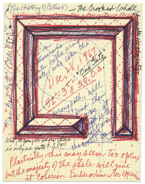 One Gate, 1967
Ink on gridded paper
10 7/8 &amp;times; 8 3/8 in. (27.6 &amp;times; 21.3 cm)