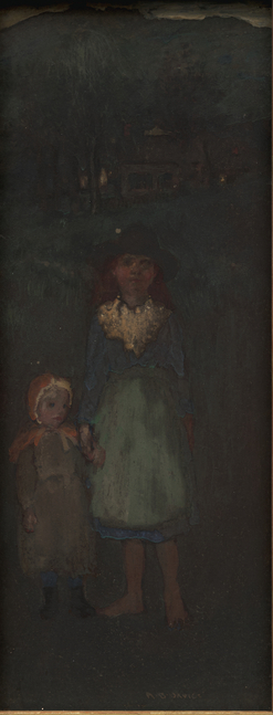 two children standing in a darkened landscape