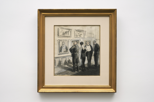 three well dressed men and a woman looking at a wall of art