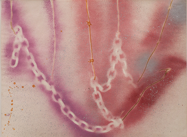 semi abstract watercolor with barbed wire and chain iconography in negative space