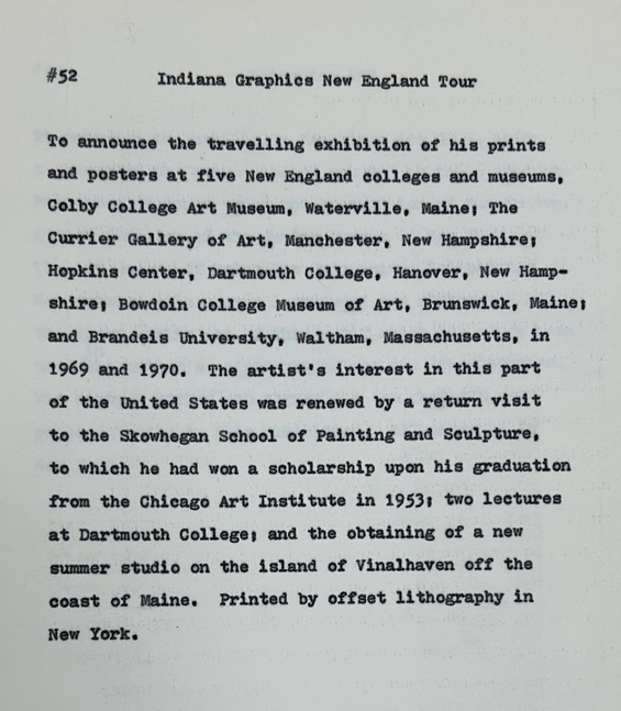 Artist statement &amp;quot;Indiana Graphics New England Tour,&amp;quot; 1969. Courtesy Star of Hope Foundation, Vinalhaven, Maine