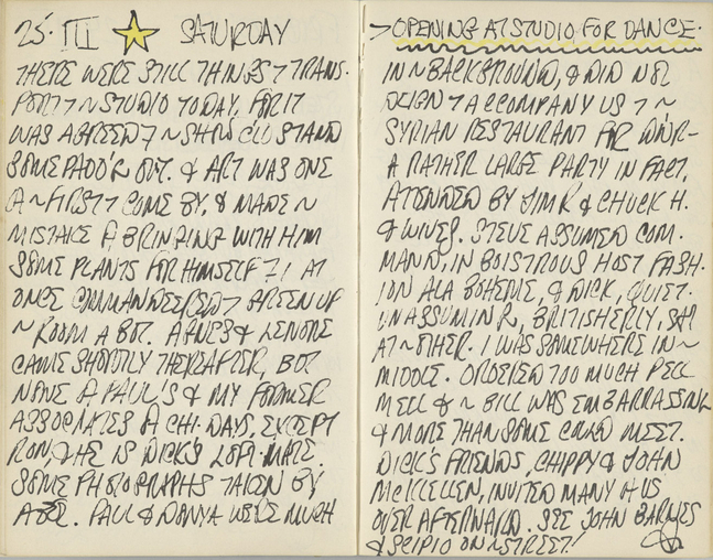 Indiana&amp;#39;s journal entry for March 25, 1961, describing the opening day of Premiums: Stephen Durkee, Robert Indiana, and Richard Smith.&amp;nbsp;Image:&amp;nbsp;Courtesy Star of Hope Foundation, Vinalhaven, Maine
&amp;nbsp;