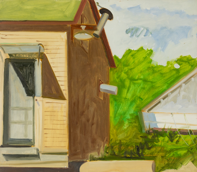 Corner, Shack + Boat, 1985, oil on Masonite, 15 3/4 x 18 inches