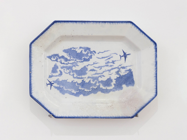 PAUL SCOTT

Cumbrian Blue(s), New American Scenery, Cloud Studies (after Thomas Cole &amp;amp; Eadweard Muybridge), 2019

Transfer print collage, gold leaf, shell-edged pearlware

11.25&amp;quot; H x 14.75&amp;quot; W x 1.25&amp;quot; D