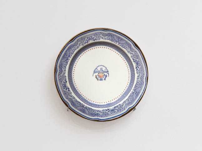 PAUL SCOTT

Cumbrian Blue(s), New American Scenery, Heritage and The Sleep of Reason, 2025

Transfer print collage and gold on pearlware plate

11.25&amp;rdquo; Dia. x 0.5&amp;rdquo; D