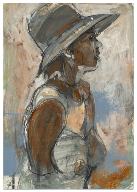 Kim Frohsin Woman with Sun Hat, n.d.| acrylic, gouache, ink, and pencils on paper 12 1/2 x 8 5/8 in.