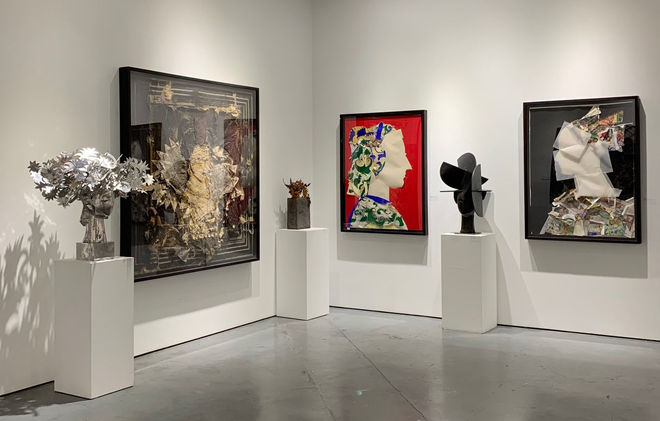 Ada Cabeza con Flores Plateadas, Reina con tocado rojo sobre fondo negro, Helechos, Perfil V, Juno 1 and Perfil III by Manolo Valdés.