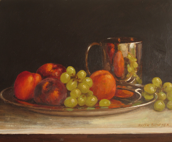 Ruth Bowyer, Nectarines and grapes on silver dish