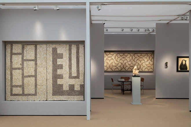 Two sections of Roman mosaic with geometric pelta pattern, England, Hampshire, c.360 AD