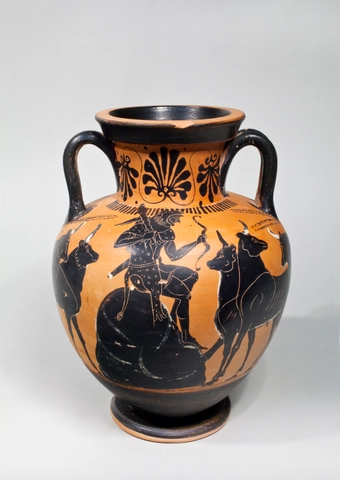 Greek black-figure amphora with Herakles and Geryon, Athens, c.500 BC, attributed to the Leagros Group