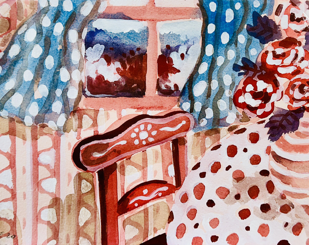 Lottie Cole, Interior with Blue Curtains