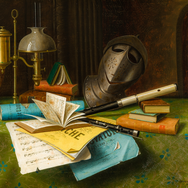 WILLIAM MICHAEL HARNETT (1848–1892), "A Gentleman’s Study," 1881. Oil on canvas, 28 1/8 x 38 in. (detail).