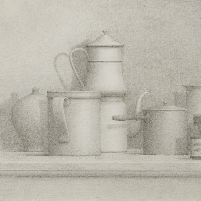 WILLIAM BAILEY (1930–2020), "Still Life," 1977. Graphite on paper, 15 x 22 1/2 in. (detail).
