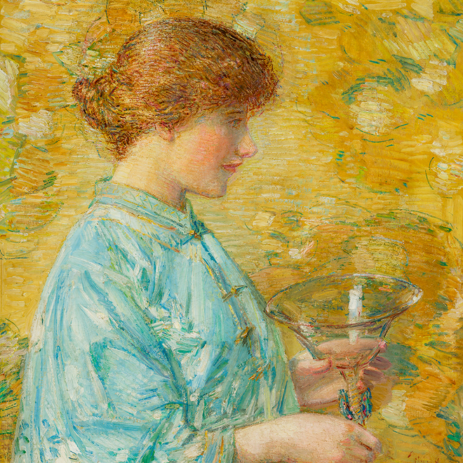 CHILDE HASSAM (1859–1935), "Venetian Glass (Kitty Hughes)," c. 1913–16. Oil on canvas, 33 1/4 x 23 1/8 in. (detail).