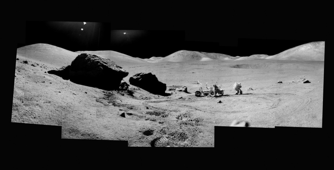 Composite of Eugene Cernan and the Lunar Rover At "Split Rock";, Photographed by Harrison Schmitt, Apollo 17, December 7-19, 1972