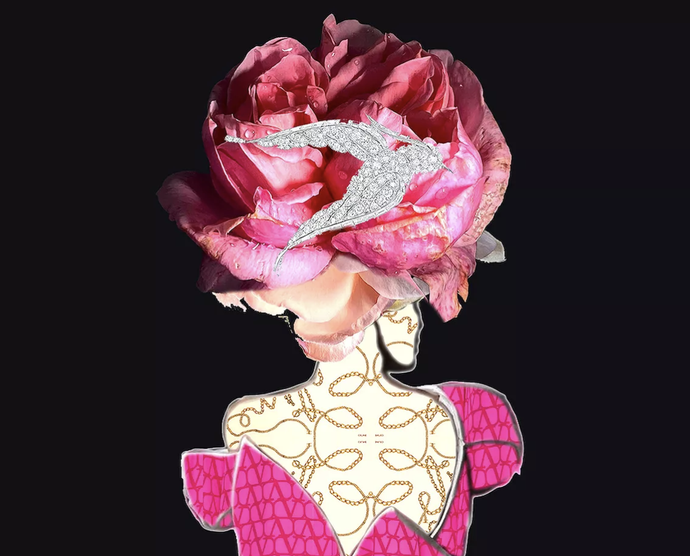 Collage and mixed media artwork of a seated Black woman looking over her proper left shoulder, with long dark hair, draped in fabric composed of jewels and appropriated red images with lips.