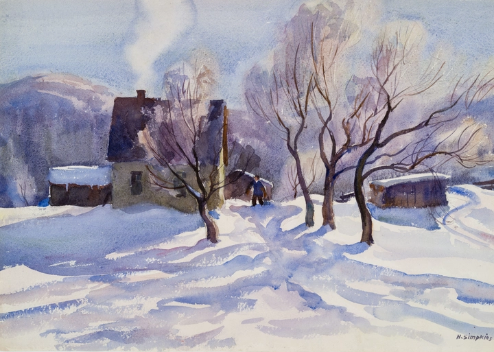 Henry J. Simpkins Frosty Morning - Matin d'hiver Watercolour - Aquarelle 14 x 19 3/4 in 35.5 x 50.2 cm
