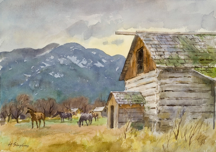 Henry J. Simpkins Horse Farm at Westbank B.C. - Écurie, Westbank B.C. Watercolour - Aquarelle 14 1/8 x 20 in 35.9 x 50.9 cm