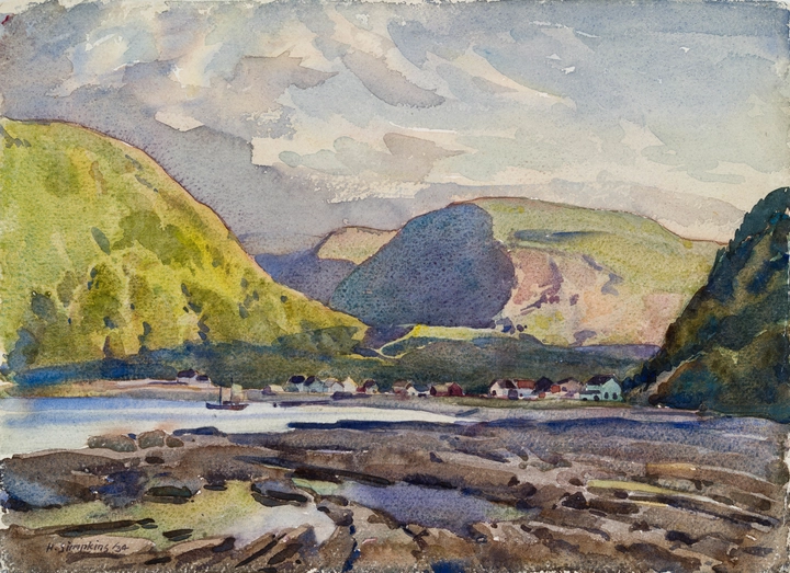 Henry J. Simpkins Gaspe Peninsula (possibly Rivière-au-Renard) - Gaspésie (peut-être Rivière-au-Renard), 1934 Watercolour - Aquarelle 11 1/4 x 15 1/2 in 28.5 x 39.5 cm