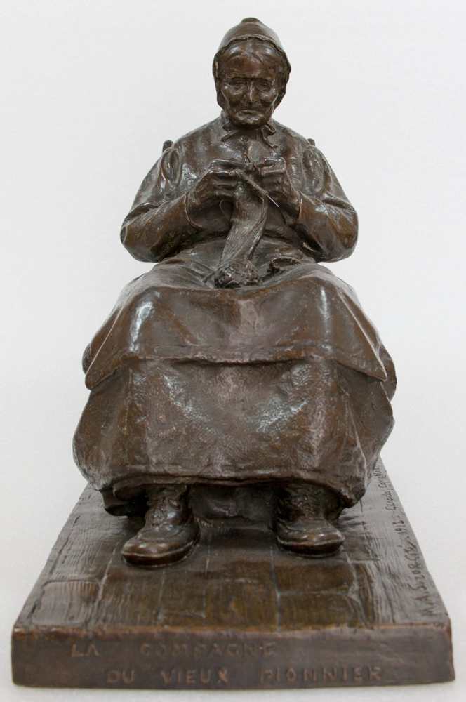 Marc-Aurèle Suzor-Coté 1869-1937La compagne du vieux pionnier canadien, 1912 foundry mark "Roman Bronze Works / N.Y. / N.17."; signed "M.A. Suzor-Côté" (on the base top); "Canada Copyrighted / U.S.A. / 1914."; titled "La compagne du vieux pionnier canadien." (base front). Bronze - Bronze height 15 1/4 in height 38.7 cm