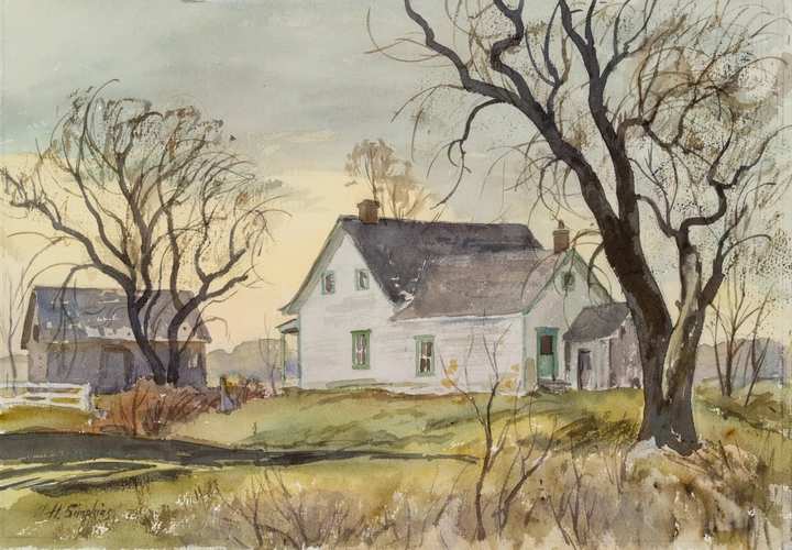 Henry J. Simpkins White Farmhouse - Maison de ferme blanche Watercolour - Aquarelle 14 3/8 x 20 3/4 in 36.6 x 52.6 cm