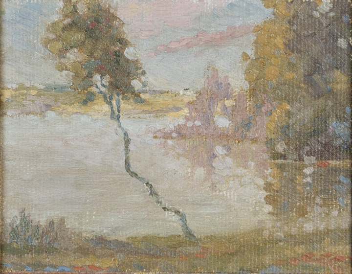 Lionel LeMoine FitzGerald Manitoba Scene Oil on canvas board 4 1/2 x 5 1/2 in 11.4 x 14 cm