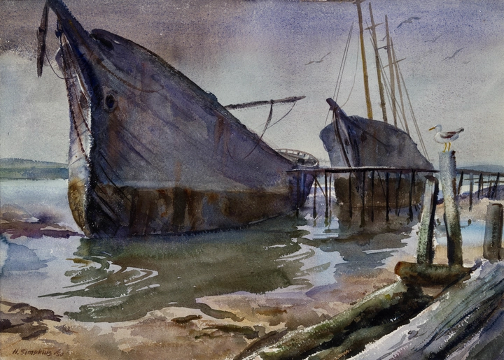 Henry J. Simpkins 1906-1995Sailing Ship Derelicts, 1950 signed and dated, ‘H. Simpkins / 50’ (lower left); titled, ‘Sailing ship derelicts’ (verso, upper left); inscribed, ‘DIN’ (verso, upper right) Watercolour 15 1/8 x 21 1/8 in 38.5 x 53.6 cm