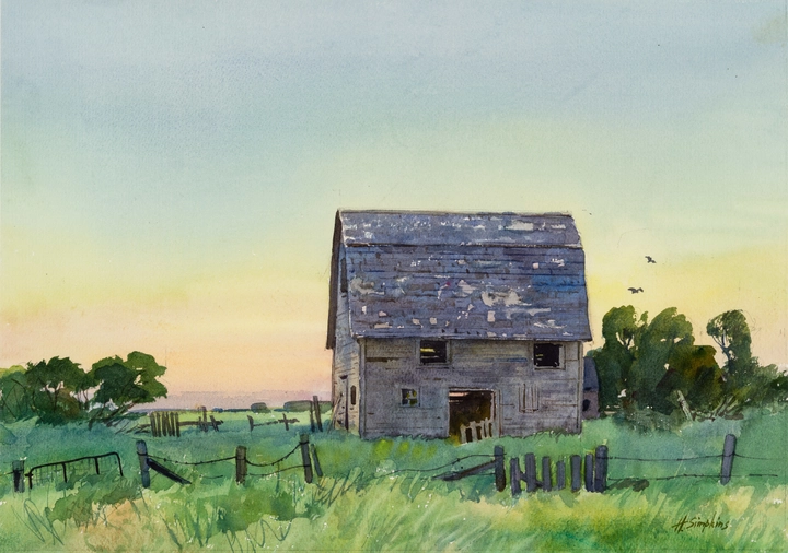 Henry J. Simpkins Manitoba Sunset - Coucher de soleil, Manitoba Watercolour - Aquarelle 14 1/8 x 20 in 35.9 x 50.8 cm