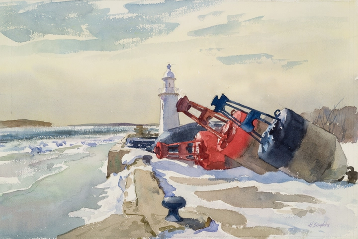 Henry J. Simpkins Lighthouse and Buoys - Phare et bouées Watercolour - Aquarelle 14 3/8 x 21 1/4 in 36.6 x 54 cm