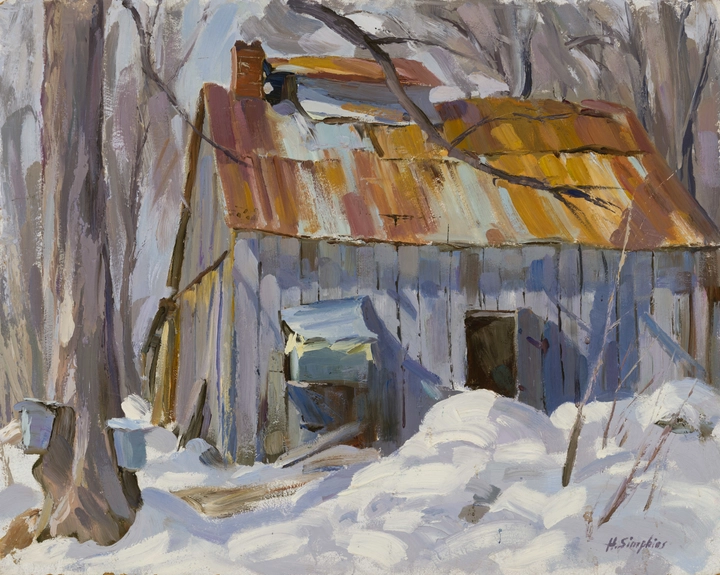 Henry J. Simpkins 1906-1995Sugar Camp with Rusty Roof signed, ‘H. Simpkins’ (lower left); inscribed and titled, ‘1620 O. 533 / HEAVY SNOWFALL’ (verso, upper right); inscribed, ‘C.68’ (verso, upper left) Oil on masonite 15 7/8 x 20 in 40.3 x 50.8 cm