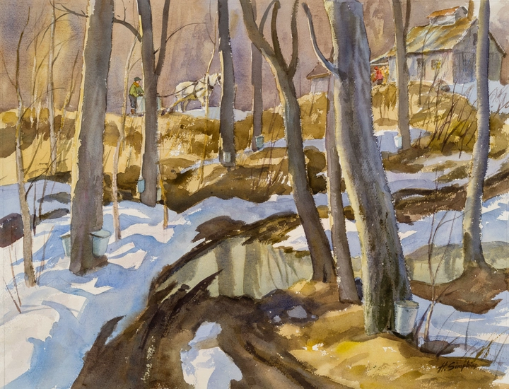 Henry J. Simpkins 1906-1995Sugar Camp signed, ‘H. Simpkins’ (lower right); inscribed, ‘20’ (verso, upper left); inscribed and signed, ‘Presented to my daughter / Diana / H. Simpkins’ (verso, upper right) Watercolour 19 5/8 x 25 5/8 in 49.8 x 65 cm