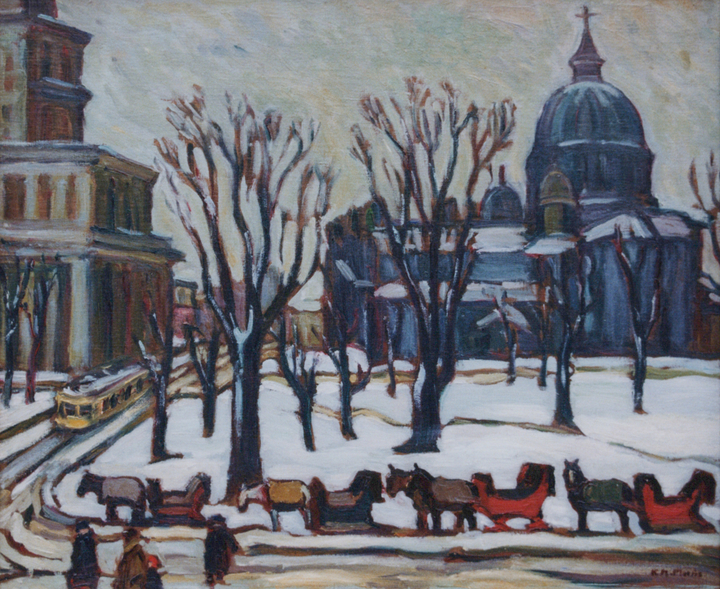 Kathleen M. Morris, Cabstand in Winter, Dominion Square, Montreal