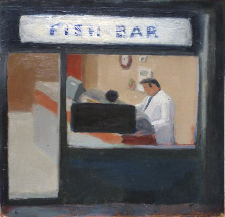 Danny Markey  Fish Bar, 1986  Oil on board  29 x 29.7 cm