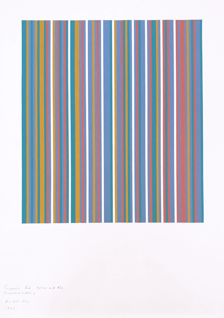 Bridget Riley  Turquoise, Red, Yellow and Blue (increased width)  1982  Gouache on paper  94 x 75 cm