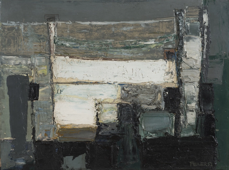 Paul Feiler  Coastline, 1952  Oil on canvas  31 x 41 cm  Signed and dated lower right recto; signed, titled, and dated verso