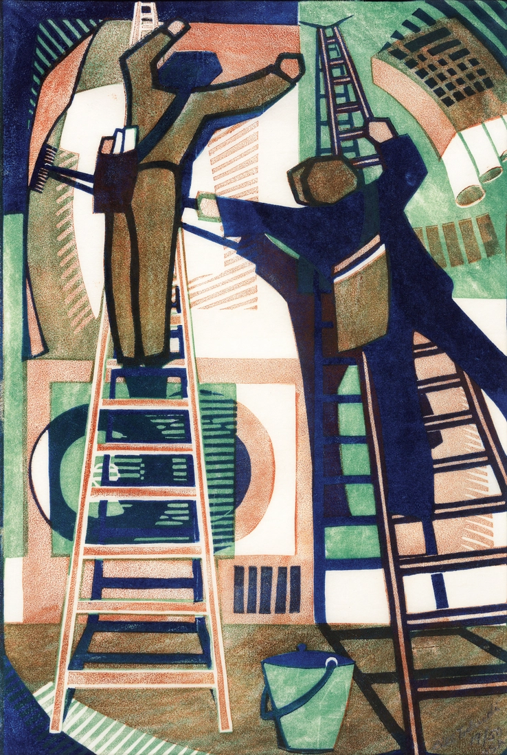 Lill Tschudi  Sticking up Posters, 1933  Linocut on thin oriental laid paper  30.2 x 20 cm  From the edition of 50 impressions  Signed and numbered in image lower right