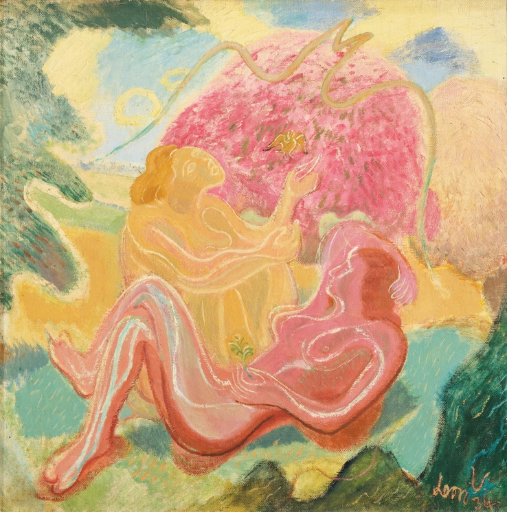 Leon Underwood  Women and Birds, 1934  Oil on canvas  53.5 x 53.5 cm  Signed and dated lower right