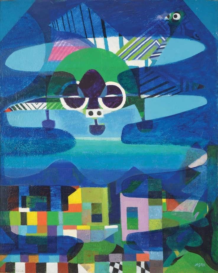Eileen Agar RA  The Bomber, 1979-80  Acrylic on canvas  101.5 x 81.5 cm  Signed lower right recto; dated and titled verso
