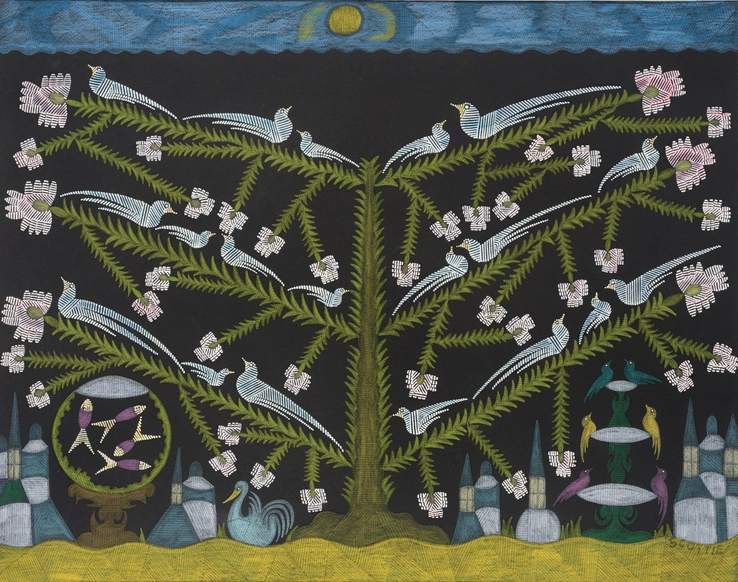 Scottie Wilson  Untitled (Bird Tree), c.1960  Ink and crayon on paper  51 x 63 cm  Signed lower right