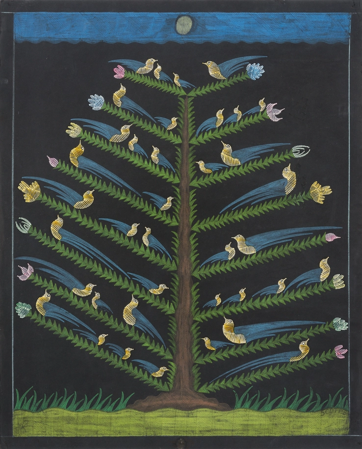 Scottie Wilson  Untitled (Bird Tree), c.1960  Ink and crayon on black paper  63 x 51 cm  Signed lower right recto