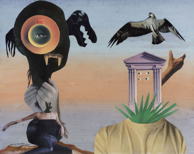 Conroy Maddox  Living in Space, 2001  Mixed media and collage on board  43.5 x 55 cm  Signed and dated lower left; titled verso