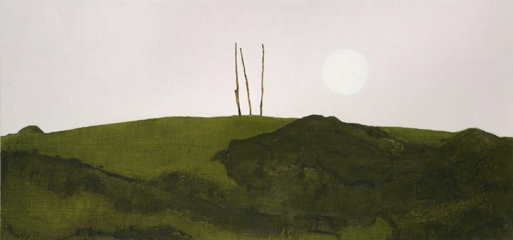 John Kelly  Moon and Sentinel, 2017  Oil on canvas on board  29 x 61 cm  Signed and dated lower left; titled verso