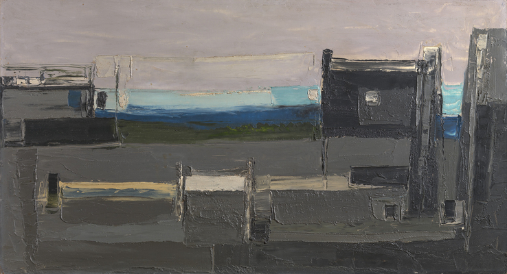 Paul Feiler  Evening Harbour, Low Tide, 1953  Oil on board  50 x 92 cm  Signed and dated lower right; titled verso