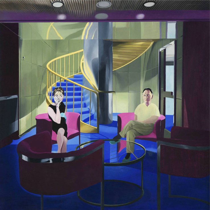 Neil Stokoe  Man and woman in room with spiral staircase, 1970  Oil on Canvas  244 cm x 244 cm (96.1" x 96.1")
