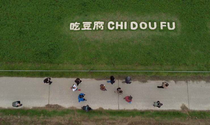 A high angle shot of Chen Qiulin's on-site installation made by tofu in Paris Internationale art fair in 2024.