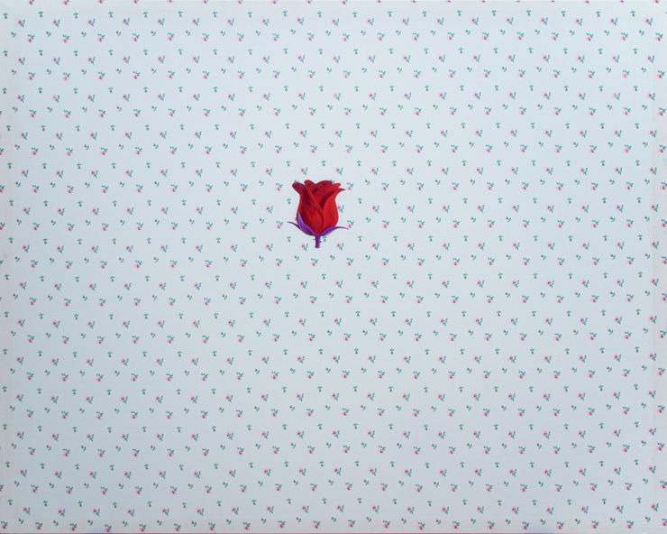 Artist Xiong Haoqi depicts a rose from online emoji storage on a readymade bed sheet.