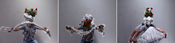 Performance #13 from the Distorted Reality series, 2007 Lambda print Edition of 10 + 1 AP 40 x 160.5 cm (Triptych)